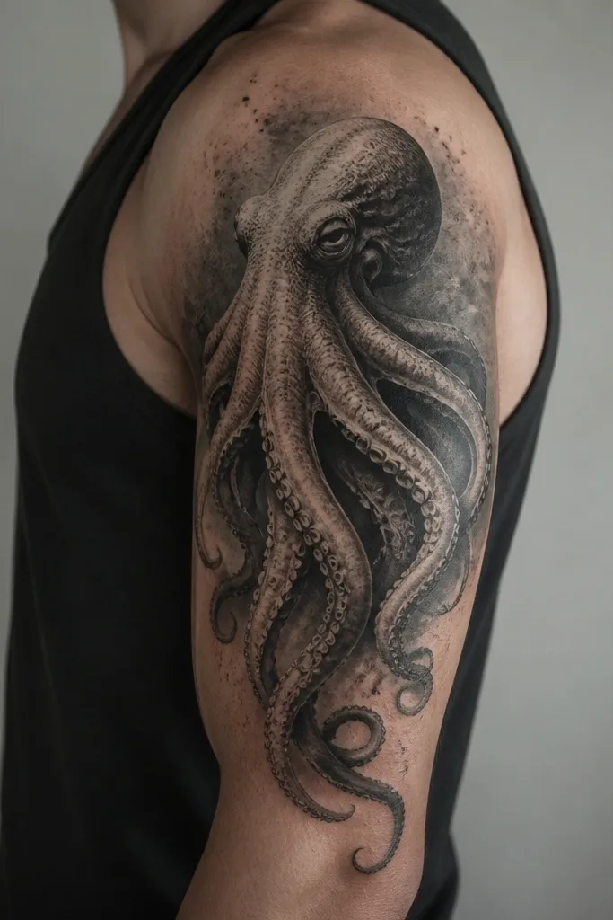 A black-and-gray octopus head sitting at the top of the bicep, tentacles dropping down the outer upper arm. Behind the head is a soft gray water haze with a few tiny speckled dots.