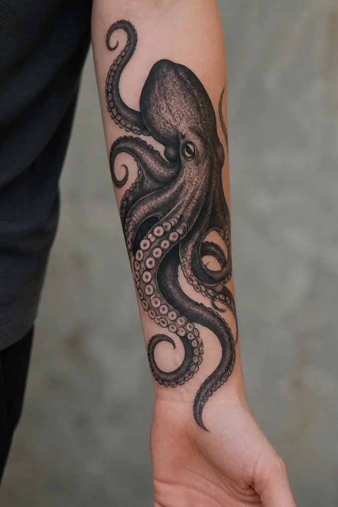 A dramatic octopus on the forearm with very dark ink-black tentacles and lighter gray internal shading. Some suckers are drawn as clean circles, with a few negative-space highlights.