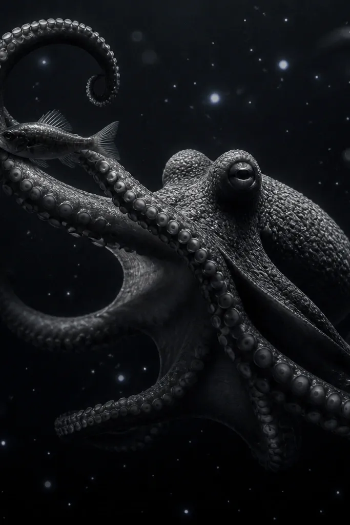 A black-and-gray octopus with one tentacle wrapping around a small lanternfish silhouette. The background has scattered tiny dot highlights like bioluminescence.