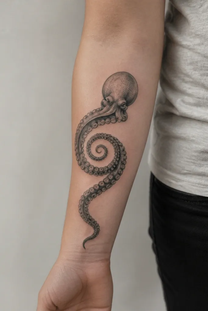 A single dominant tentacle spiral starting near the inner elbow and winding down the inner forearm. The octopus head is small and tucked at the top, with suction cups along the spiral.