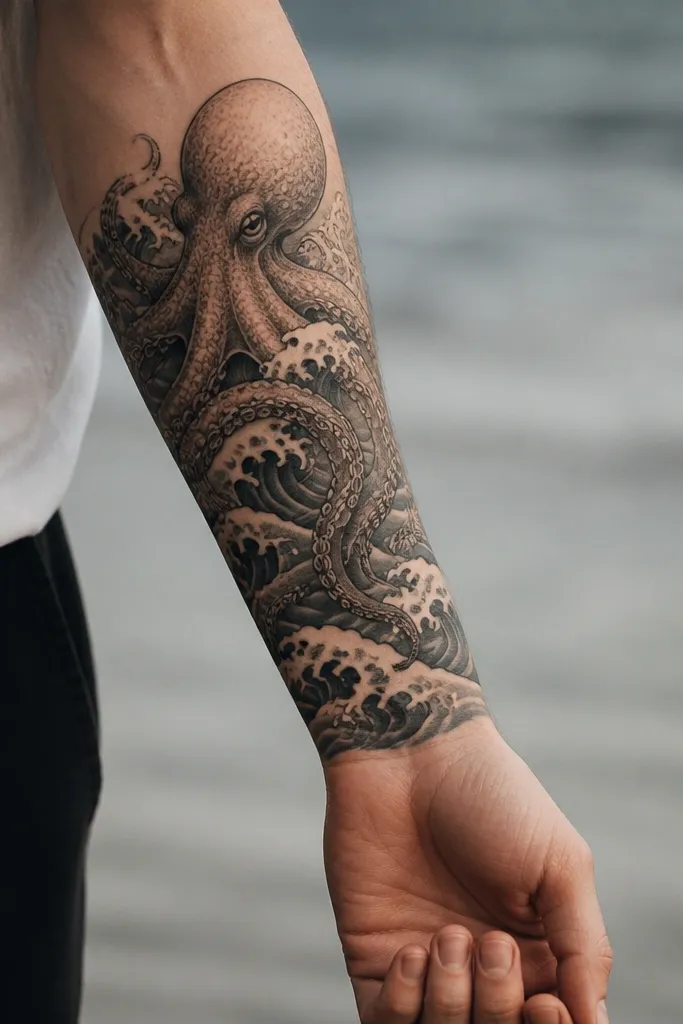 A forearm octopus with tentacles draped over layered wave shapes. Foam is shown with negative space cutouts, leaving the skin lighter where foam would be.