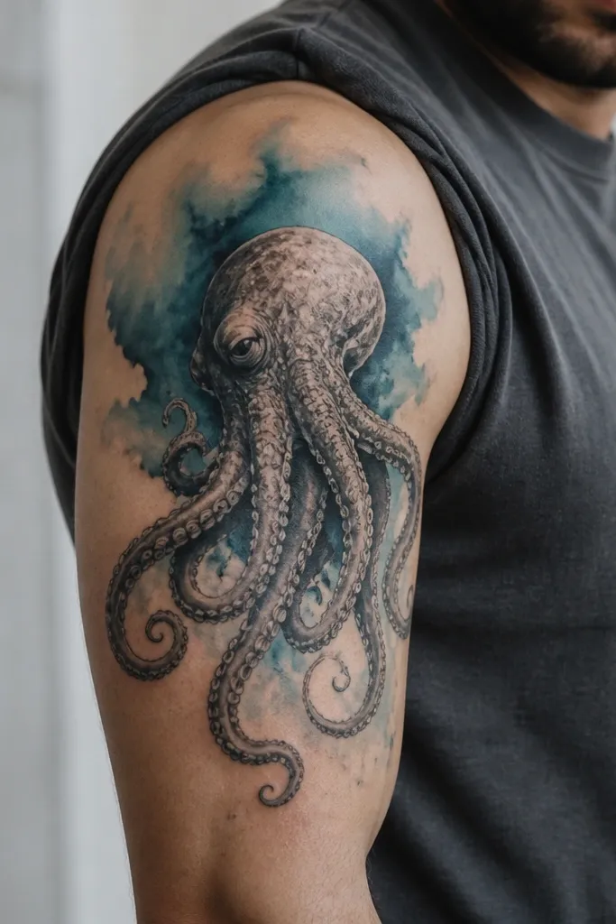 An octopus head on the outer bicep with mostly black-and-gray tentacles. A teal watercolor haze sits behind the head and fades outward, with a few darker navy edges.