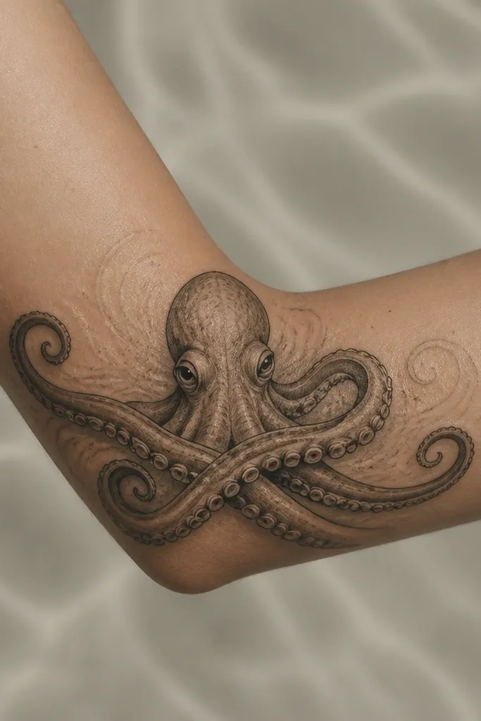 An octopus centered at the elbow crook with two tentacles crossing over each other. The background has faint ripples and small dots near the crook.