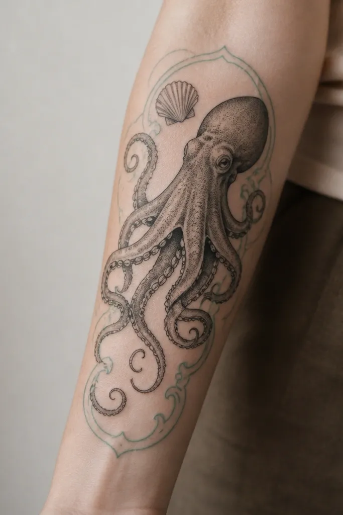 A black-and-gray octopus on the forearm with a small shell shape near the head. A thin seafoam frame made of curved lines wraps around the octopus edges.