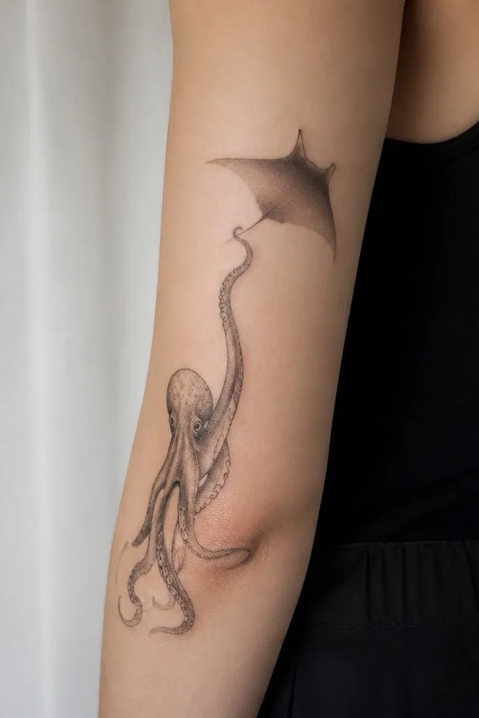 A side-of-arm tattoo showing an octopus with one tentacle reaching toward a manta ray silhouette. The manta is drawn as a soft shadow shape with gray gradients.