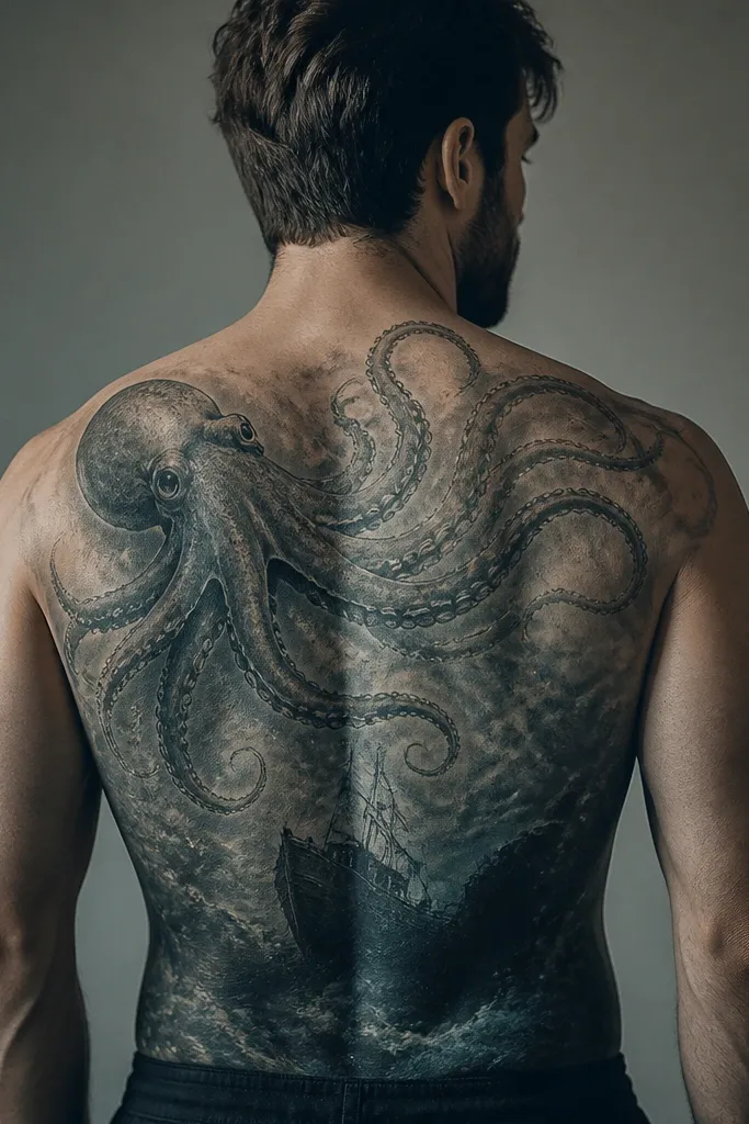 An octopus head sits near the left shoulder blade with tentacles spreading across the mid-back. In the lower half, there's a dark shipwreck silhouette under a misty water gradient. Small bubbles and barnacle-like textures dot the waves.