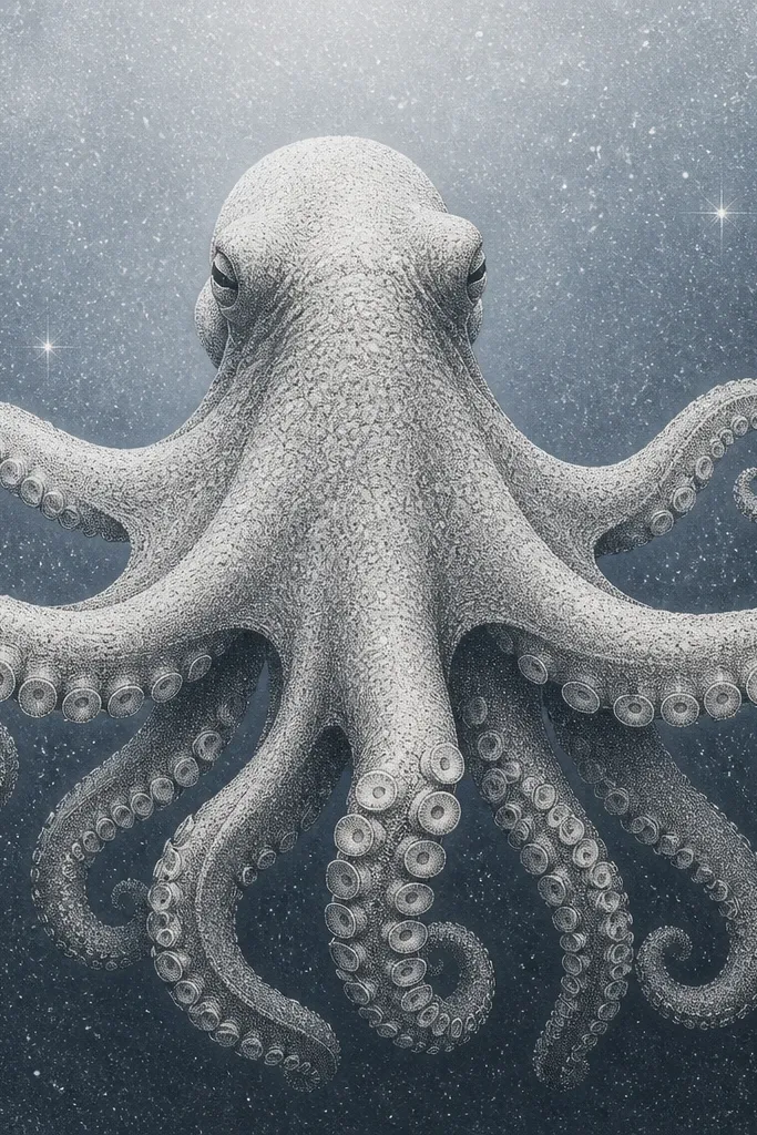 A full-back octopus with mostly dotwork shading. The background has scattered tiny dots like plankton and a few larger star-like specks. Tentacles have crisp suction cups with fine stippling at their edges, and the ocean is rendered in soft gray to blue-gray dots.