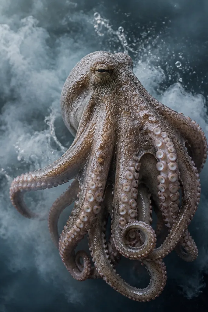A realistic octopus with detailed suction cups on each tentacle. Behind it, there's a smoky ocean spray effect in blue-gray with soft edges, like mist in the surf. The tentacles curl toward the lower back, and a few droplets arc around the head.