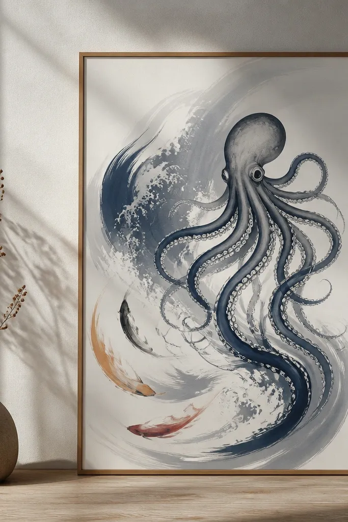 A stylized octopus with flowing tentacles drawn like movement lines. The waves behind it look like ink calligraphy strokes in dark blue and soft gray. A few koi-like curved shapes echo the tentacle motion around the lower back.