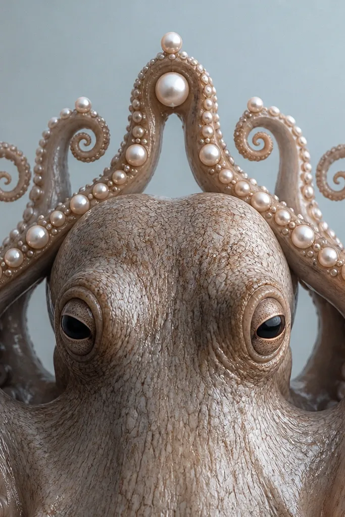 An octopus head framed by tentacles that curl up like a crown across the upper back. Pearl-like circles and tiny pearls sit along the tentacle curves. The background has a light gradient from gray to pale blue.
