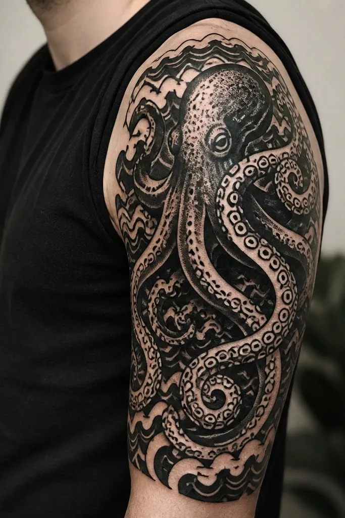 A mostly blackwork octopus with bold outlines and heavy black shading. The waves behind it have sharp, zig-zag edges and repeating patterns. Tentacles have geometric suction cups and crisp negative space between them.