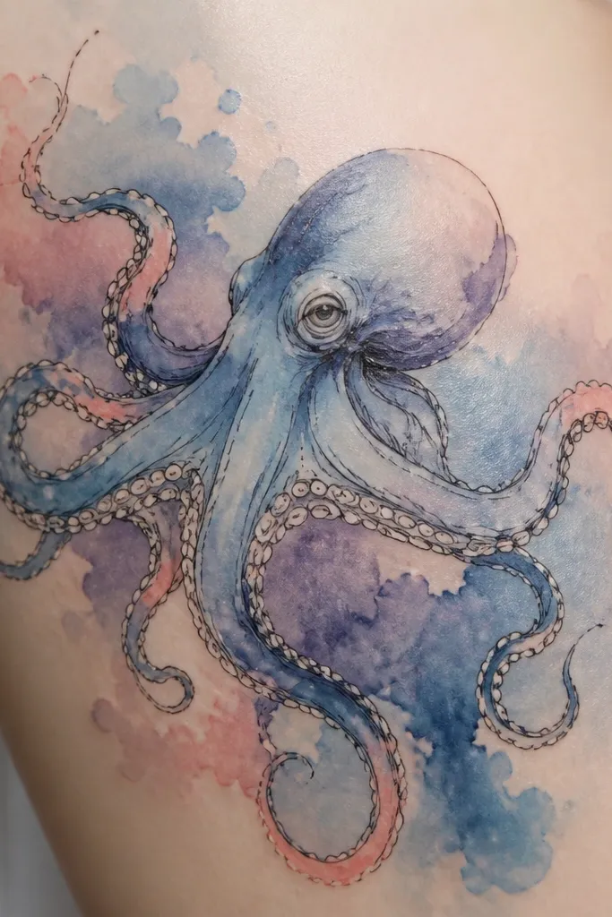 An octopus in black outline with watercolor-style washes in muted blue and soft purple. Coral-pink accents appear in a few tentacle tips and around the water edges. The background has irregular watercolor blooms that fade into the skin.