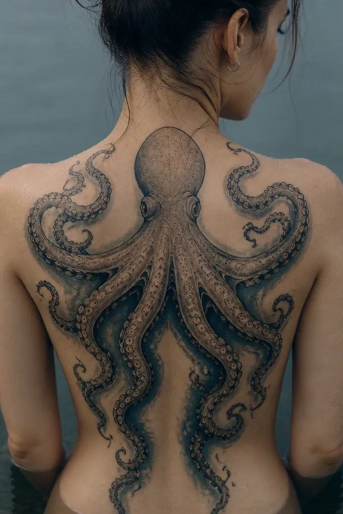 A back octopus with traditional black linework and a deep navy shadow wash. The tentacles curve down along both sides of the spine. The water background is mostly gray, with navy shading concentrated near the tentacle undersides.