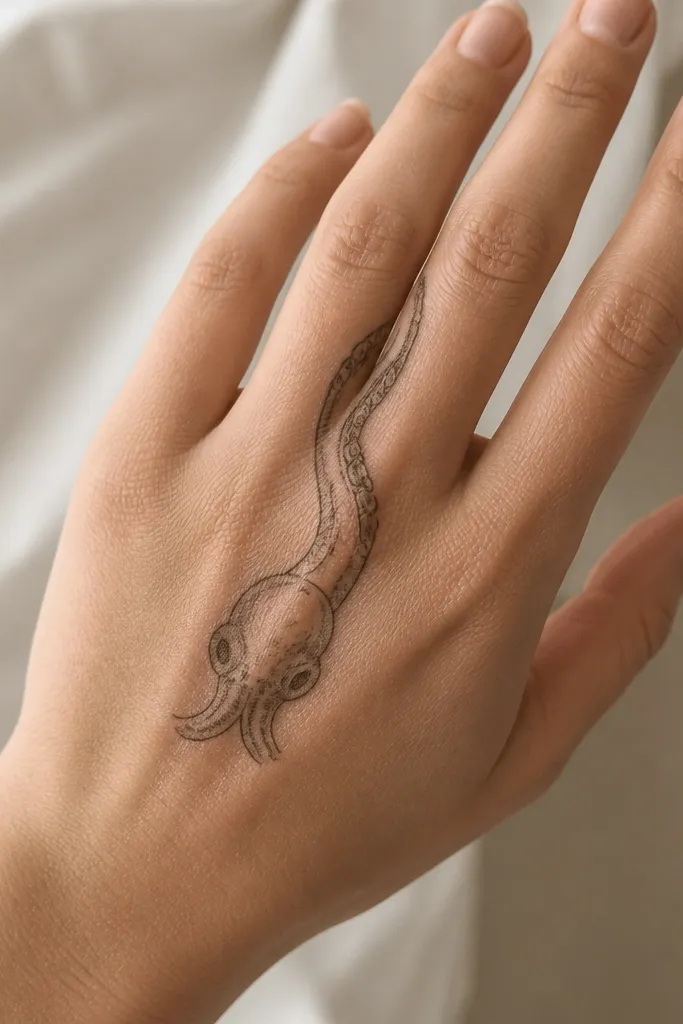 A fine-line octopus head sits near the base of one finger on the back of the hand. Two tentacles wrap upward along the finger's sides, ending in small sucker clusters.