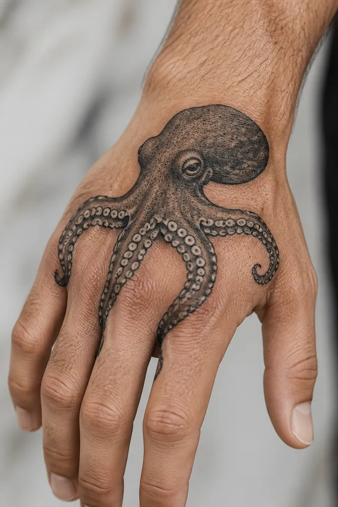 An octopus head and three tentacles sit across the knuckle area on the back of the hand. The tentacles have crisp white-looking gaps that shape each sucker row.