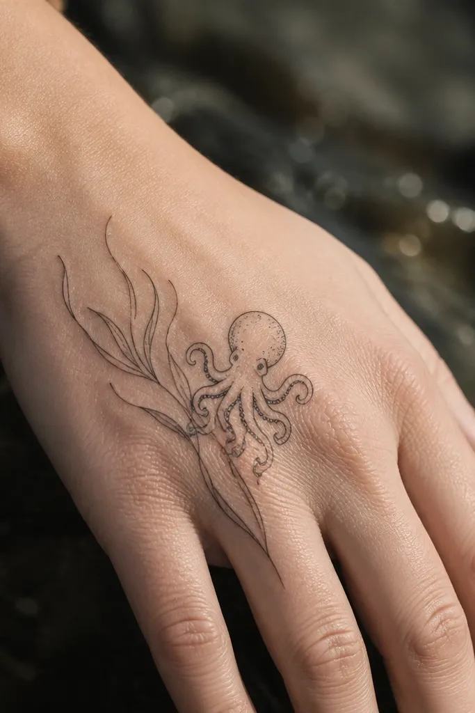 A small octopus head sits beside thin seaweed lines on the outer hand. The tentacles curl into delicate loops, while the seaweed has tapered, single-line strokes.