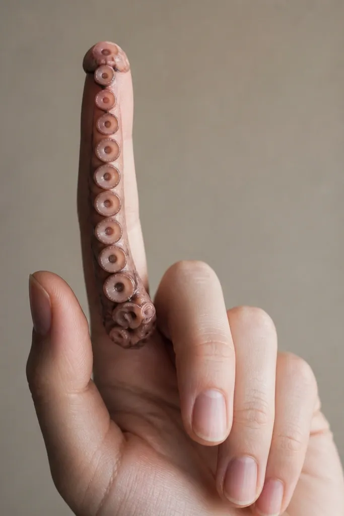 A vertical column of octopus suckers runs along the side of the index finger. The top has a tiny head cap, and the bottom ends in a curled sucker cluster.