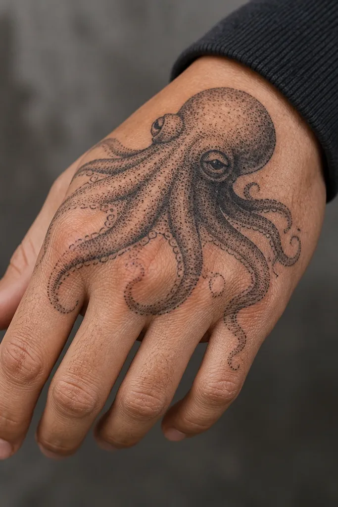 A bold octopus head sits on the back of the hand. Tentacles extend in short strokes, each sucker row made from micro dots rather than solid lines.