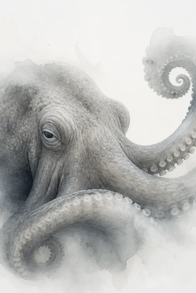 An octopus head and two tentacles are rendered in soft gray, with a watercolor-like bloom around the edges. The suckers are still defined as small dots.