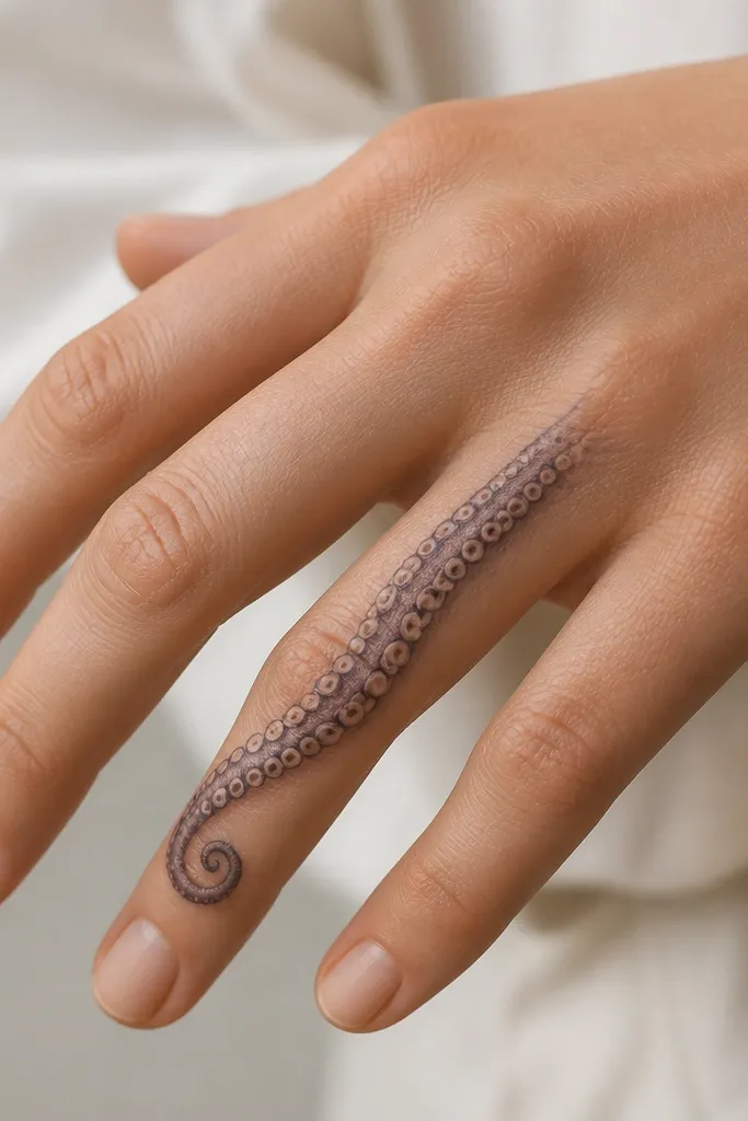 One long tentacle runs diagonally across the ring finger knuckle and onto the finger back. Suckers are evenly spaced and the tentacle ends in a tight curl.
