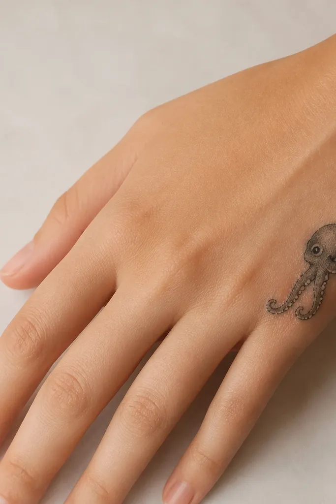 A small octopus head sits under the little finger on the outer hand edge. Two short tentacles curve toward the wrist, ending in tiny sucker clusters.