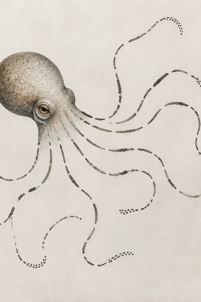 An octopus head with tentacles drawn as broken, sketchy lines. The suckers are small dots clustered at the ends of each line segment.