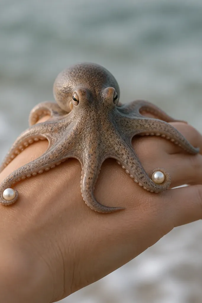 A medium-size octopus sits on the back of the hand with two small pearl-like circles near the tentacle tips. The suckers are tiny dots, and the pearls have thin white highlight rings.