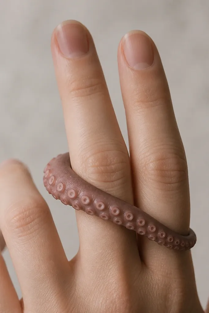 A single continuous tentacle wraps around the base of two adjacent fingers. The tentacle line stays smooth, with suckers drawn as small ovals on the curve.