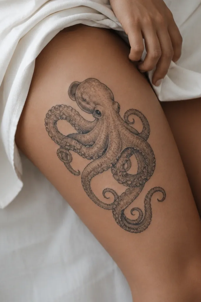 A black ink octopus is centered on the inner thigh near the upper third. Tentacles curl clockwise, wrapping toward the inner knee. The suckers are outlined with thin black lines and lightly filled grey shading.