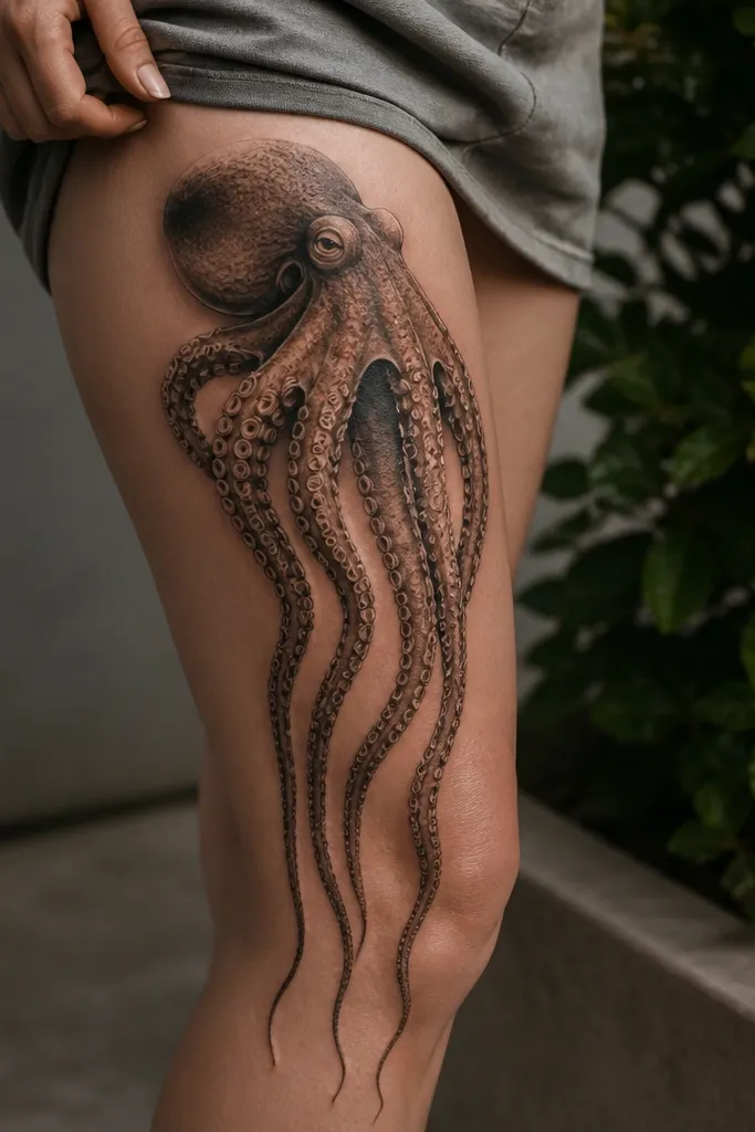 A realistic octopus head sits on the upper thigh. Tentacles stretch down in long, tapering ribbons that end near the knee. The suction cups are rendered as small rings with tiny gaps for shine.