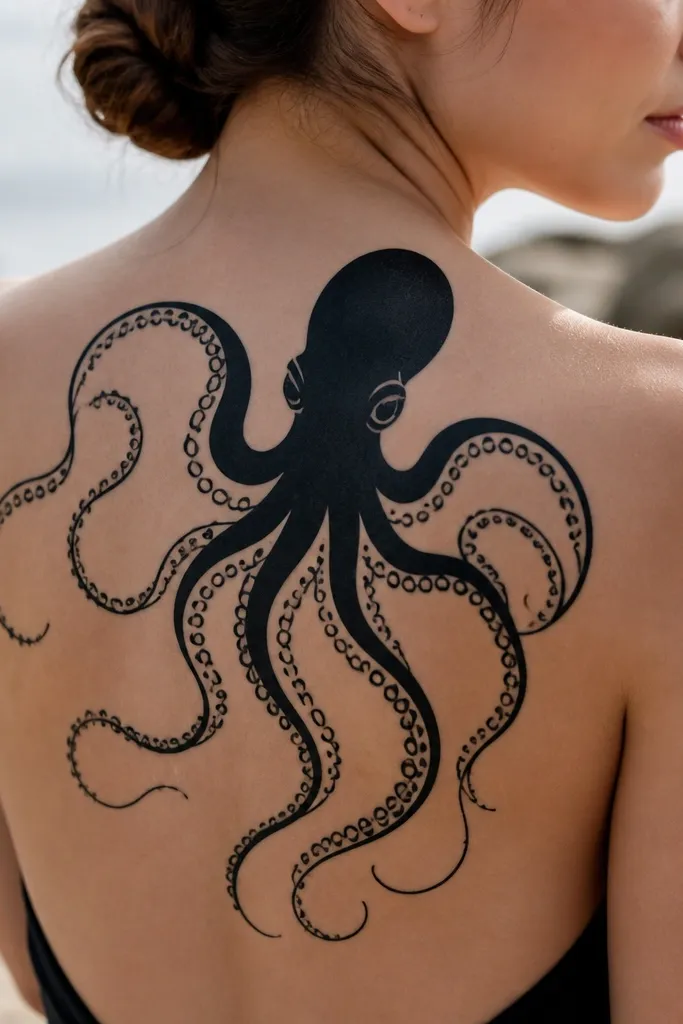 A bold black octopus body sits like a heavy ink shape. Tentacles are mostly negative space with thin black outlines, creating long white gaps within the design. Suction cups appear as small black circles.