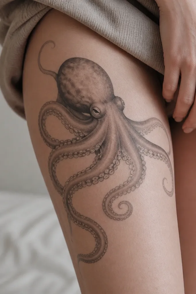 A medium-grey octopus body on the thigh with tentacles shaded in smooth grey wash. Suction cups are made from dotwork circles, with tiny dot gaps and lighter centers.