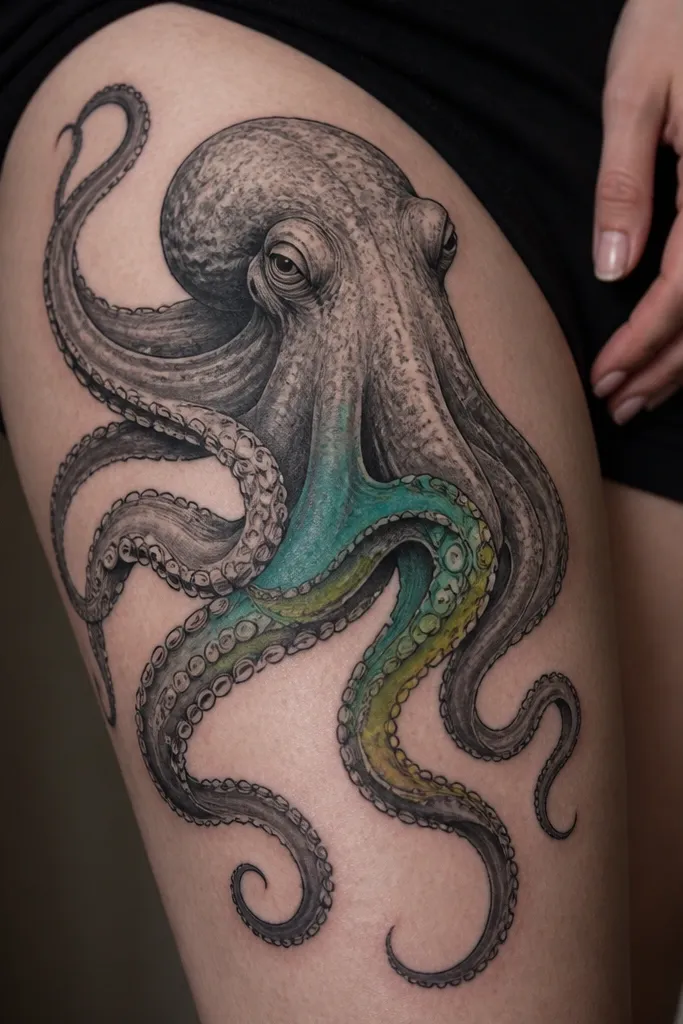 A mostly black-and-grey octopus on the thigh with a small controlled burst of teal and lime on the tentacles near the center. The suction cups remain outlined in black.