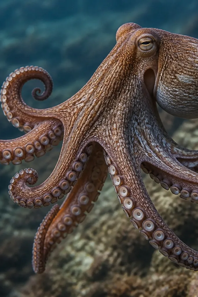 A detailed octopus body with realistic texture. Tentacles show ridge-like shading lines that follow the form. Suction cups are rendered with subtle highlights and dark outlines.