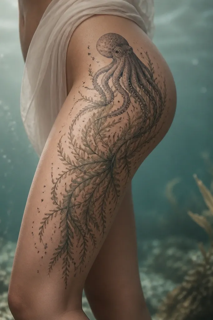 An octopus body sits high on the outer thigh with tentacles that turn into flowing seaweed vines. The seaweed has thin, feathery tips and small bubbles scattered around.
