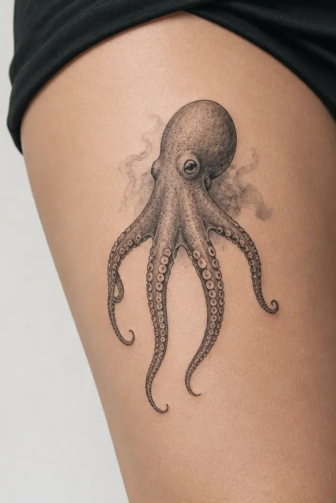 A compact octopus body on the upper thigh with five tentacles fanning out downward. There is no background shading except a few faint grey wisps near the body. Suction cups are evenly spaced and outlined.