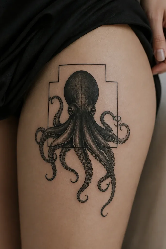 A black octopus body inside a thin geometric frame on the thigh. Tentacles break out of the frame lines and curl downward. The frame is drawn with straight lines and right angles.
