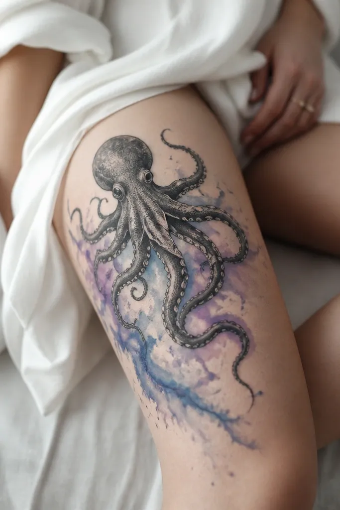 A dark outlined octopus on the thigh with watercolor-like washes of blue and lavender spreading along the tentacles. The body stays mostly black and grey, while the wash bleeds outward in soft edges.