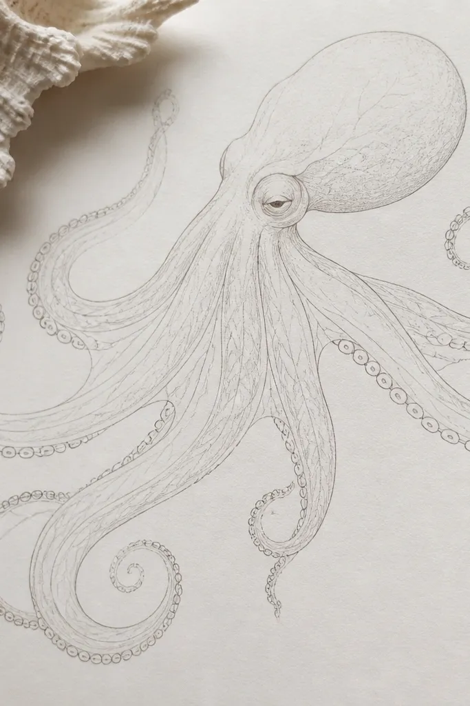 A delicate linework octopus body with very thin tentacle outlines. Suckers are small rings, and tentacles include fine grey vein-like lines. No heavy black blocks.