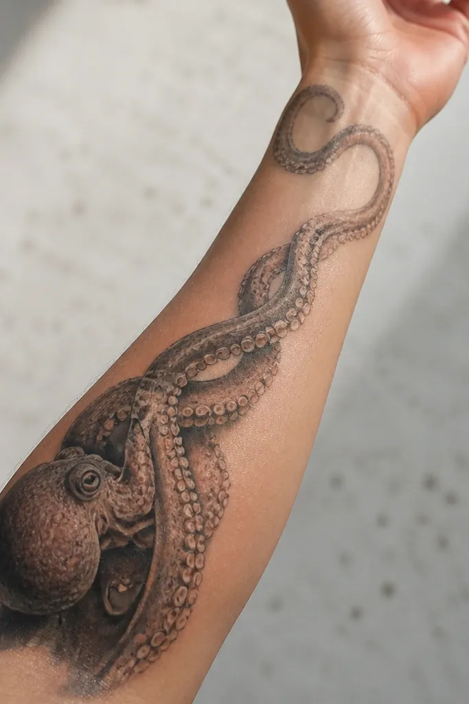 A realistic octopus climbing up the forearm along the bone line, with one main tentacle curving toward the wrist. Suckers show tiny oval highlights, and the shadowing transitions from dark near the elbow to lighter toward the wrist.