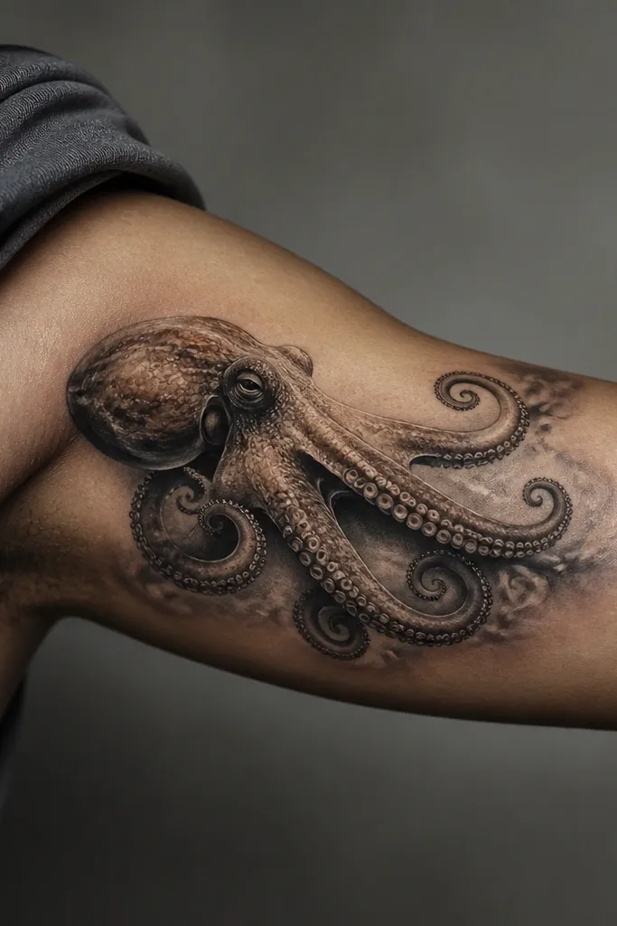 A realistic octopus on the inner upper arm, head oriented toward the bicep, with tentacles curling inward. The background is mostly clean skin with a soft gray smoke only near the tentacle tips.