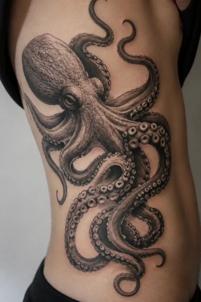 A realistic octopus across the side ribs, head near the upper ribs and tentacles flowing toward the waist. Shadows wrap around each rib curve, and suckers appear raised with pale rims.