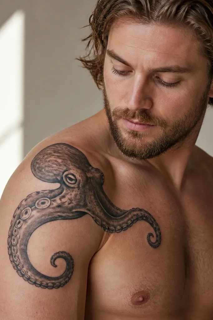 An octopus head and two main tentacles on the outer shoulder. The head is angled toward the upper arm, with one tentacle curling toward the bicep and the other trailing toward the upper chest.