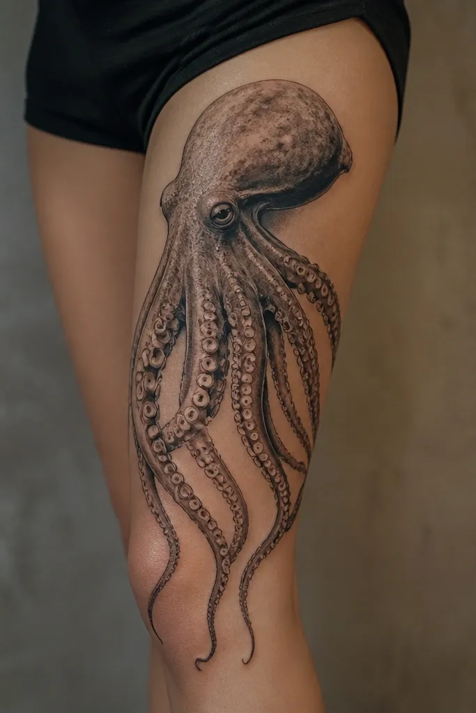 A large realistic octopus on the outer thigh, head near mid-thigh with multiple tentacles flowing downward. Suckers show pale rims and subtle shading inside each oval.