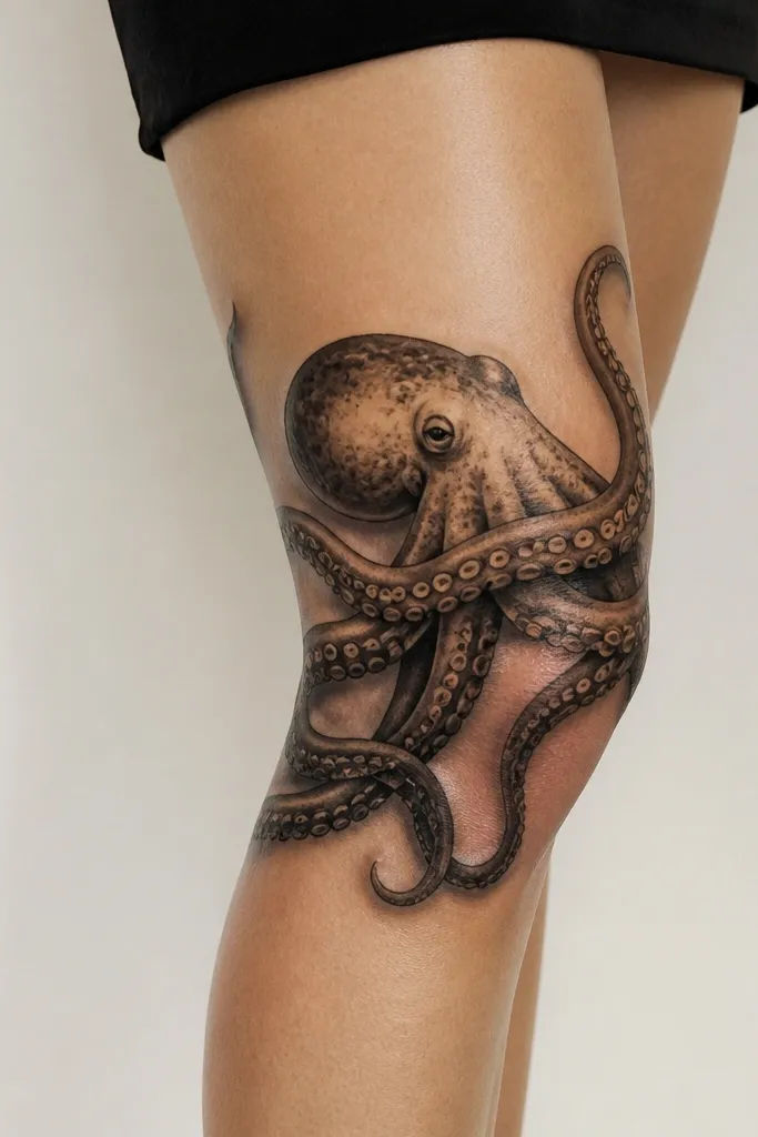 A realistic octopus wrapping around the front of the thigh just above the knee, with tentacles crossing and overlapping. The background is mostly clean; only the tentacle edges have soft gray shading.