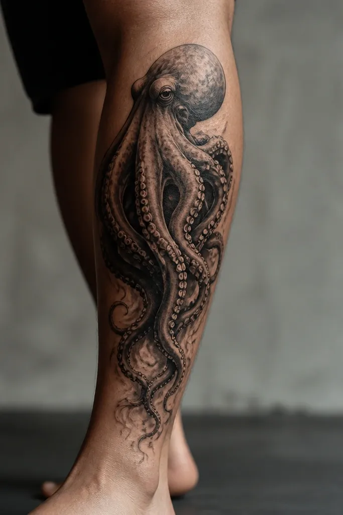 A realistic octopus across the calf, head near the outer calf muscle. Tentacles trail downward with pale, backlit edges and darker under-shadows, plus subtle smoke at the tips.