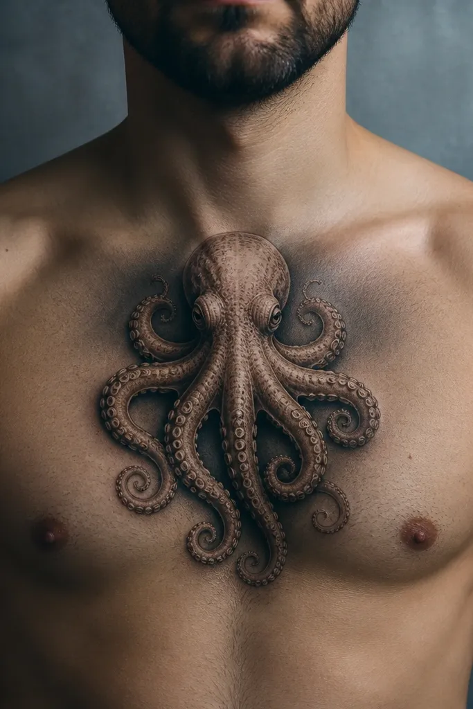 A realistic octopus head on the upper chest, centered between collarbone and sternum. The tentacles curl downward, and the background fades from dark near the head to lighter gray-blue toward the edges.