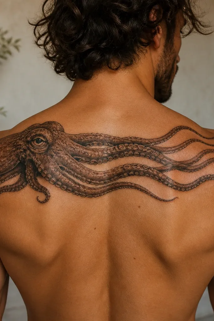 A realistic octopus across the upper back horizontally, head on one side with tentacles trailing across the spine line. Shadows follow shoulder blade curves, and suckers have pale rims.