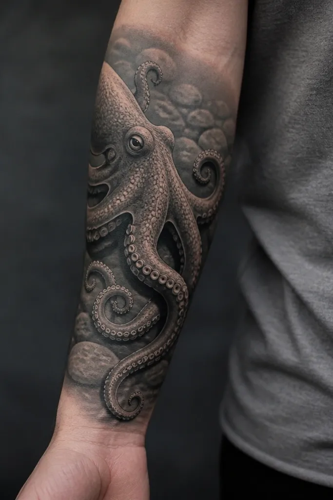 A realistic octopus on the outer forearm with a subtle underwater stone texture behind the tentacles. The stones are gray with soft blur, while the tentacles stay sharp with suction rims.