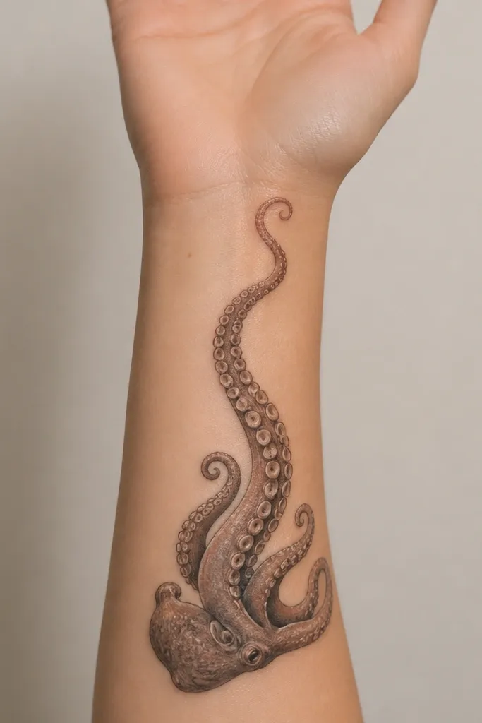 A small but realistic octopus starting at the inner wrist, curling up the forearm with one main tentacle and a few smaller curls. Suckers have tiny highlight rims; the background is clean skin.